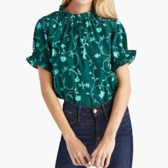 Hill House Tops - Hill House The Kit Ruffle Top Green Botanical XS
